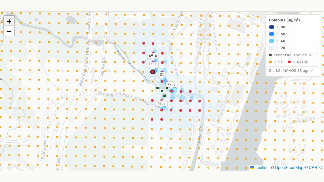 A real PM2.5 NAAQS run — concentration contours over a receptor grid on the actual basemap